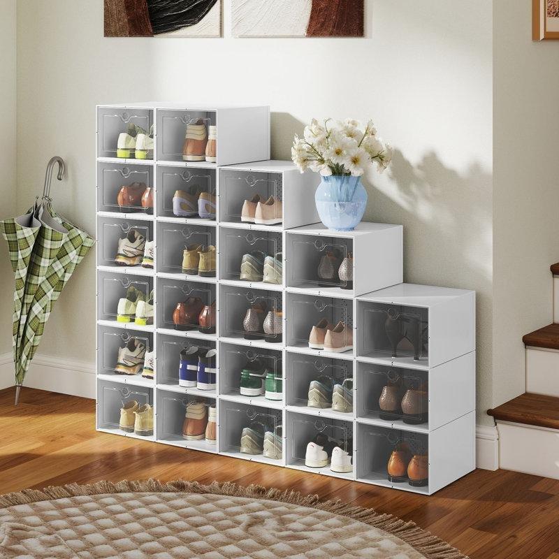 Beyaz ABS Malzeme 24'lü İstiflenebilir Şeffaf Kapaklı Plastik Ayakkabılık - 36x28x21 cm - 121000