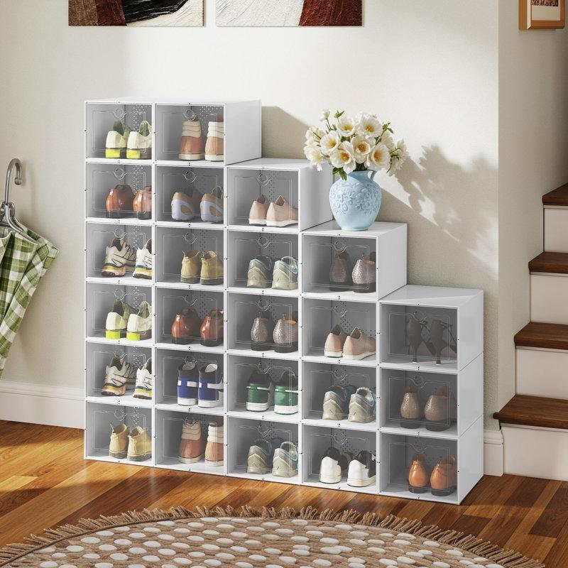 Beyaz ABS Malzeme 24%27lü İstiflenebilir Şeffaf Kapaklı Plastik Ayakkabılık - 36x28x21 cm - 121000