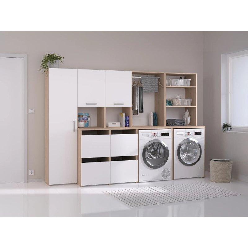 Beyaz Açık Doğal Ahşap Raflı Gardıroplu Çamaşır Makinesi Dolabı-269x185x67 cm - 117933