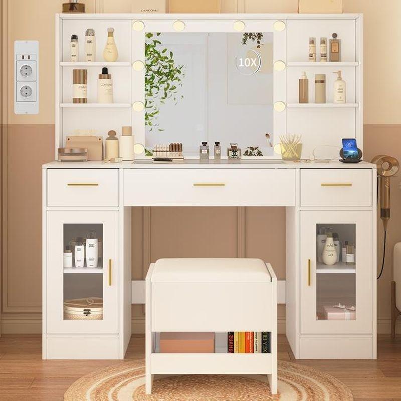 Beyaz Ahşap 10 Ampüllü Işıklı Cam Kapaklı Prizli ve Tabureli Makyaj Masası-113x40x140 cm - 122341