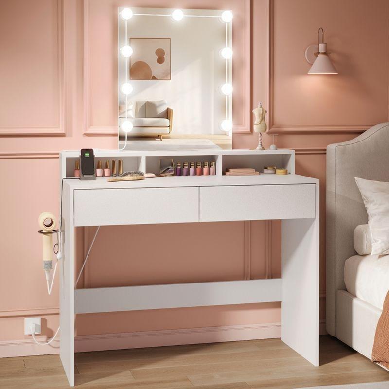 Beyaz Ahşap 10 LED Işıklı Prizli Çekmeceli Makyaj Masası - 100x40x145 cm - 122269