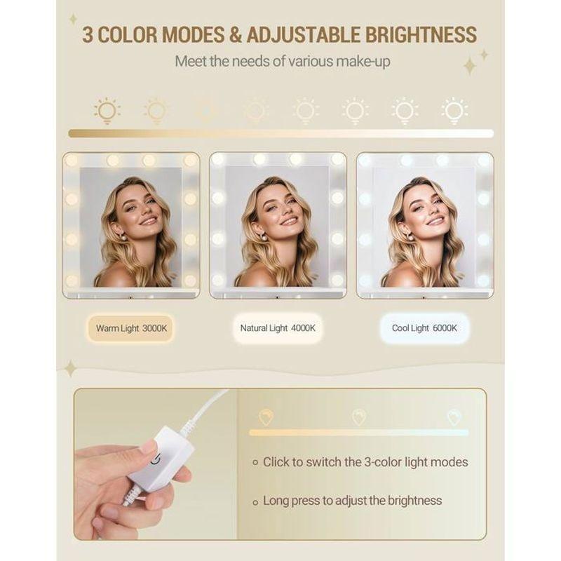 Beyaz Ahşap 10 LED Işıklı ve 9 Çekmeceli Aynalı Makyaj Masası - 108x40x140 cm - 122368