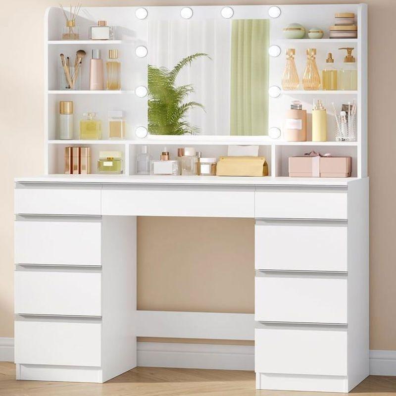 Beyaz Ahşap 10 LED Işıklı ve 9 Çekmeceli Aynalı Makyaj Masası - 108x40x140 cm - 122368