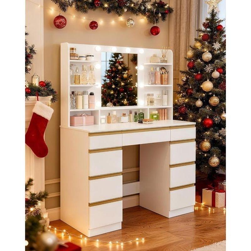 Beyaz Ahşap 10 LED Işıklı ve 9 Çekmeceli Aynalı Makyaj Masası - 108x40x140 cm - 122425