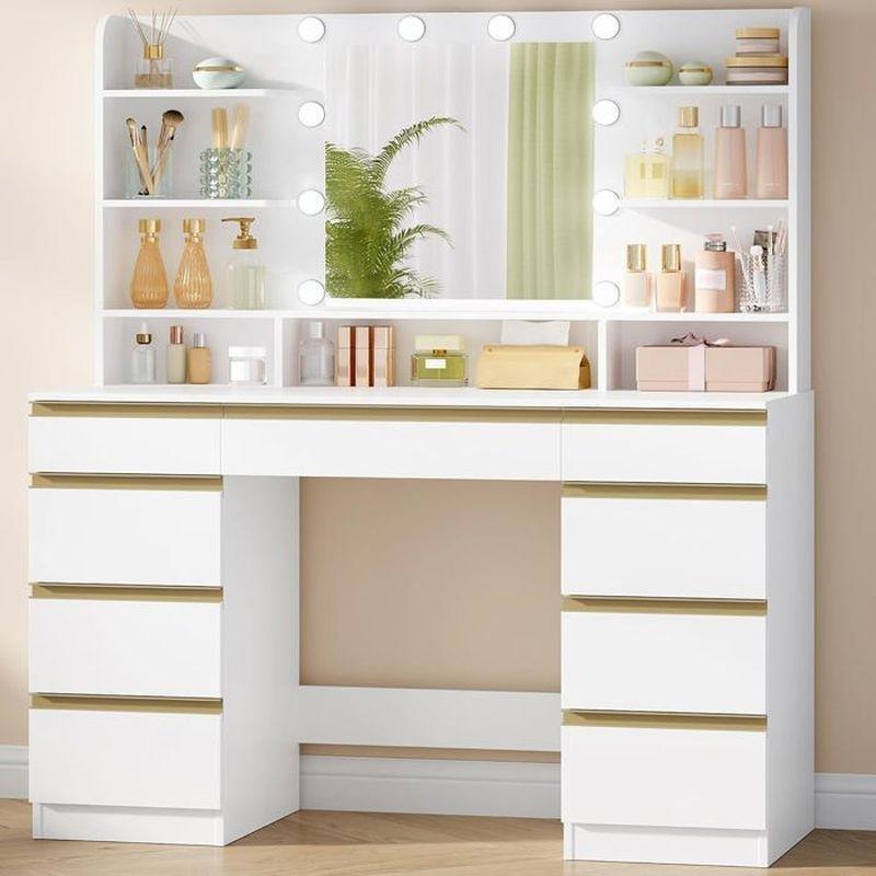 Beyaz Ahşap 10 LED Işıklı ve 9 Çekmeceli Aynalı Makyaj Masası - 108x40x140 cm - 122425
