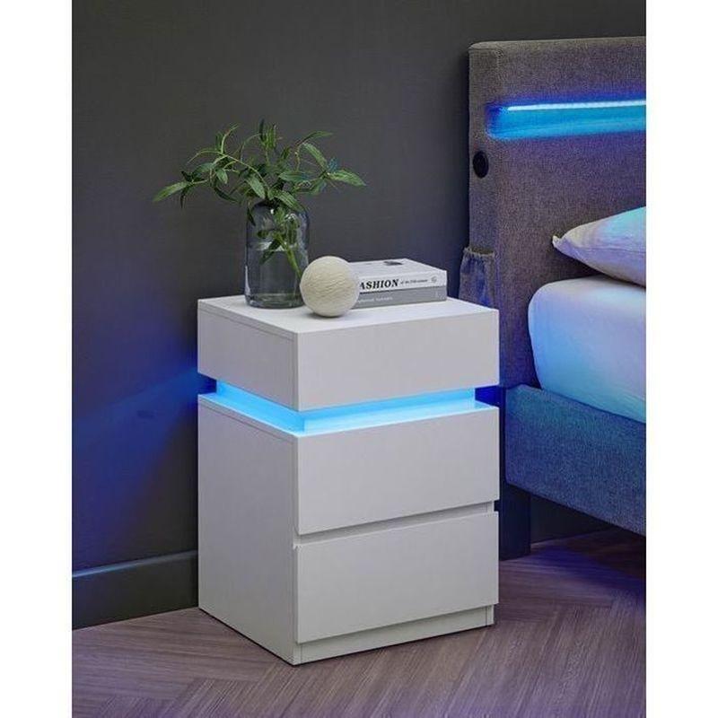 Beyaz Ahşap 3 Çekmeceli Ayarlanabilir LED Aydınlatmalı İkili Komodin - 40x35x55 cm - 127870