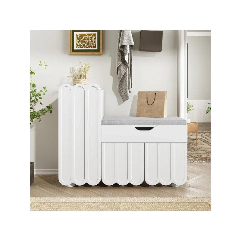 Beyaz Ahşap 3 Kapaklı Çekmeceli Minderli Oturaklı Ayakkabılık - 90x35x75 cm - 118498