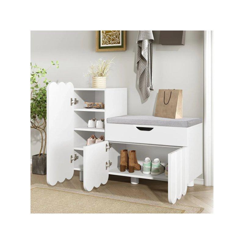 Beyaz Ahşap 3 Kapaklı Çekmeceli Minderli Oturaklı Ayakkabılık - 90x35x75 cm - 118498