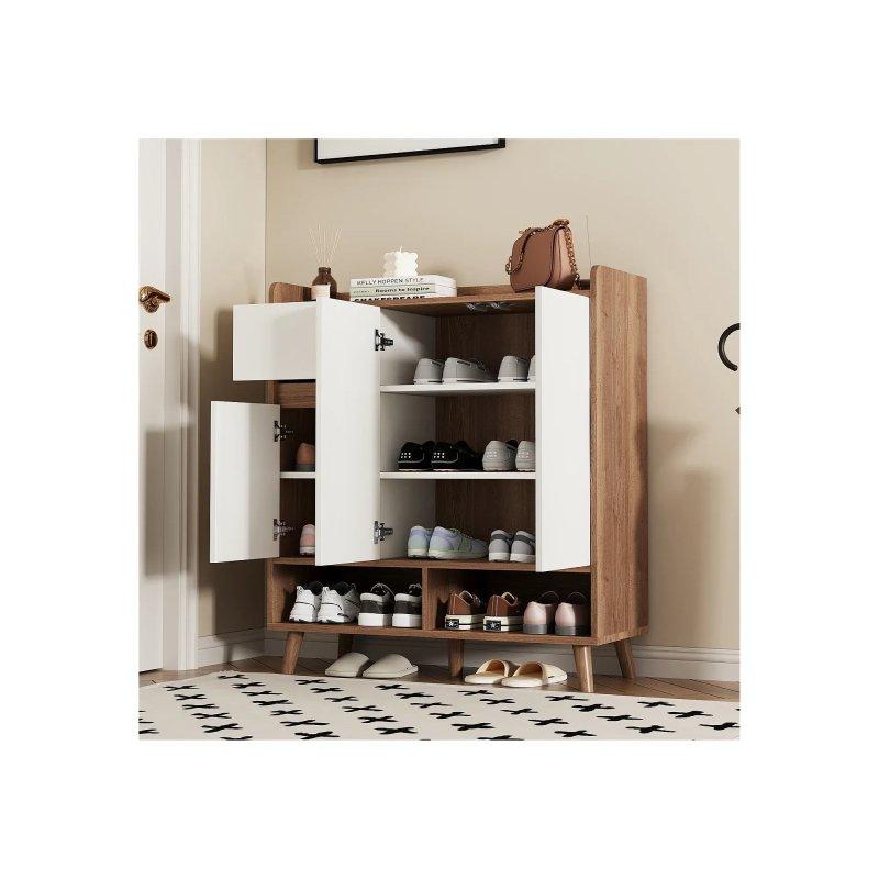 Beyaz Ahşap 3 Kapaklı Çekmeceli Raflı Ayakkabılık - 90x35x99 cm - 118396