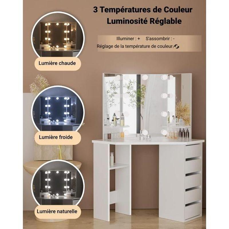 Beyaz Ahşap 5 Çekmeceli 10 LED Işıklı Üç Kanatlı Aynalı Köşe Makyaj Masası - 112x50x143 cm - 122152
