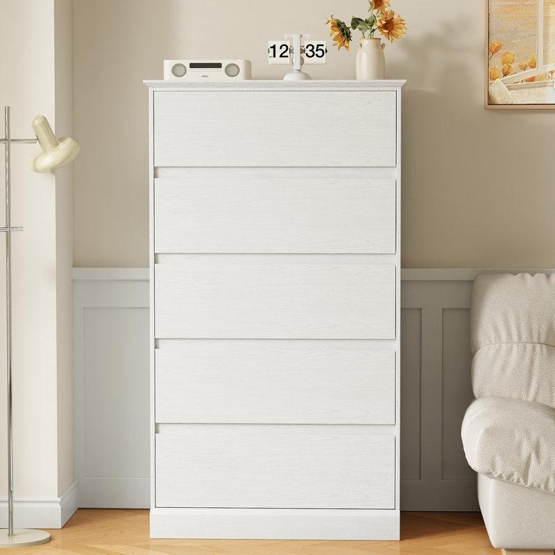 Beyaz Ahşap 5 Çekmeceli Modern Dikey Şifonyer - 71x41x123 cm - 122998