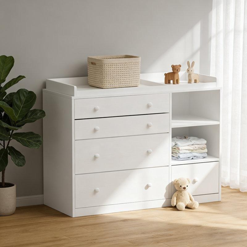 Beyaz Ahşap 5 Çekmeceli ve Raflı Alt Değiştirme Üniteli Bebek Odası Şifonyer - 120x50x92 cm - 122443