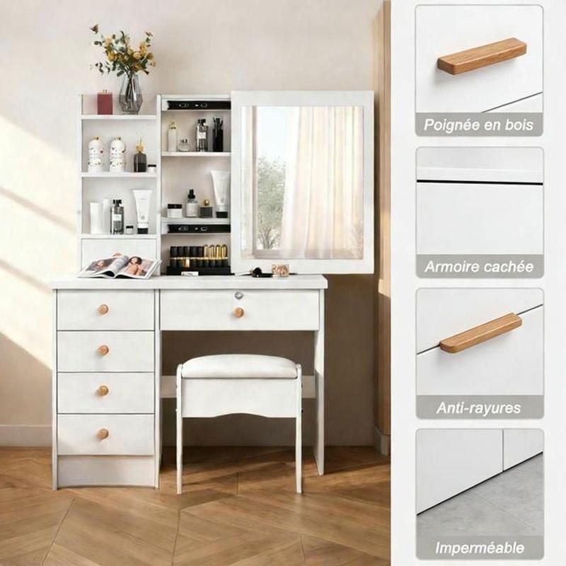 Beyaz Ahşap 6 Çekmeceli Ve Raflı Kayar Aynalı Makyaj Masası - 80x40x135 cm - 122302