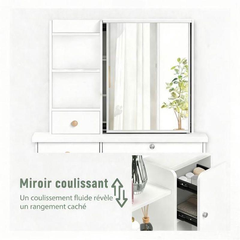 Beyaz Ahşap 6 Çekmeceli Ve Raflı Kayar Aynalı Makyaj Masası - 80x40x135 cm - 122302