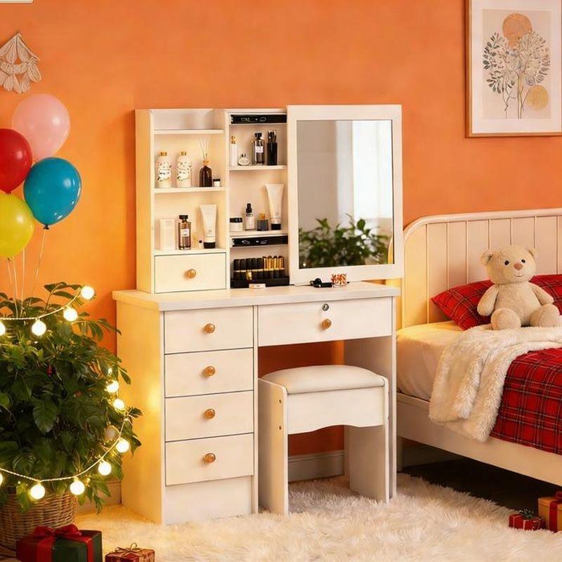 Beyaz Ahşap 6 Çekmeceli Ve Raflı Kayar Aynalı Makyaj Masası - 80x40x135 cm - 122302