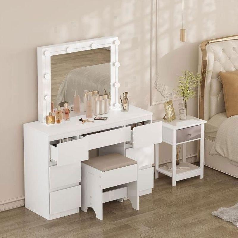 Beyaz Ahşap 7 Çekmeceli Ayarlanabilir LED Işıklı Makyaj Masası - 110x40x141 cm - 122407