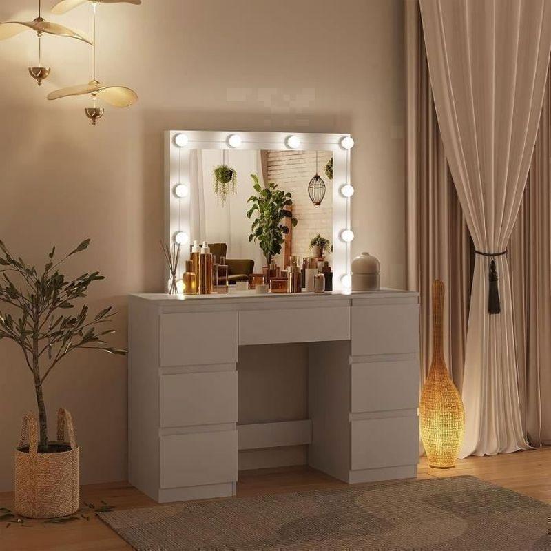Beyaz Ahşap 7 Çekmeceli Ayarlanabilir LED Işıklı Makyaj Masası - 110x40x141 cm - 122407