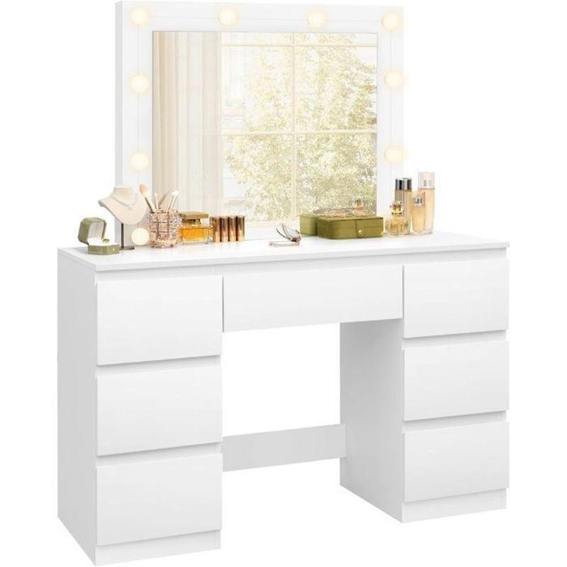 Beyaz Ahşap 7 Çekmeceli Ayarlanabilir LED Işıklı Makyaj Masası - 110x40x141 cm - 122407