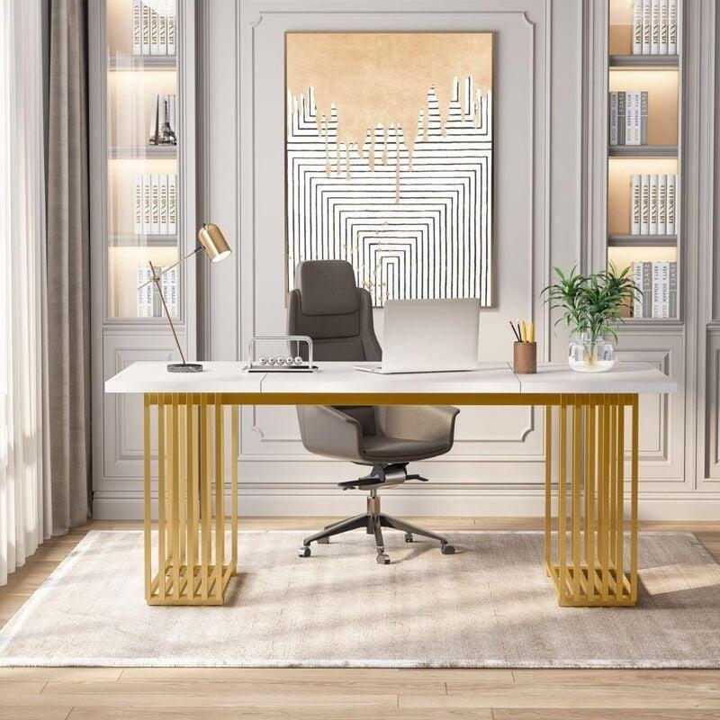 Beyaz Ahşap Altın Metal Ayaklı Geniş Bilgisayar Masası-180x80x78 cm - 115352
