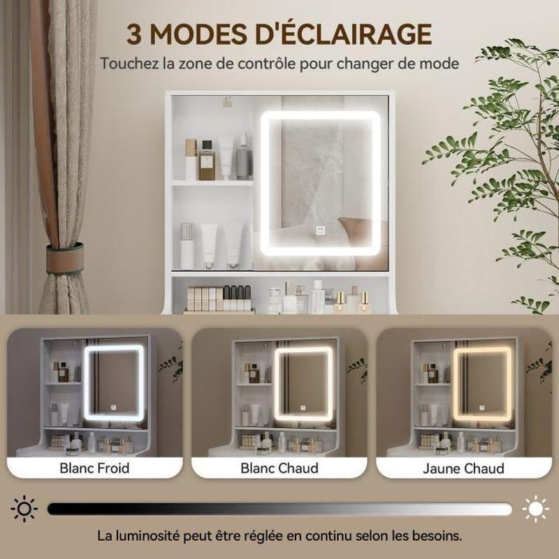 Beyaz Ahşap Ayaklı LED Işıklı Sürgülü Aynalı 3 Çekmeceli Tabureli Makyaj Masası - 122410