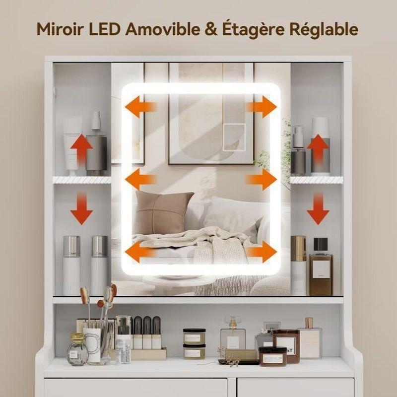 Beyaz Ahşap Ayaklı LED Işıklı Sürgülü Aynalı 3 Çekmeceli Tabureli Makyaj Masası - 122410