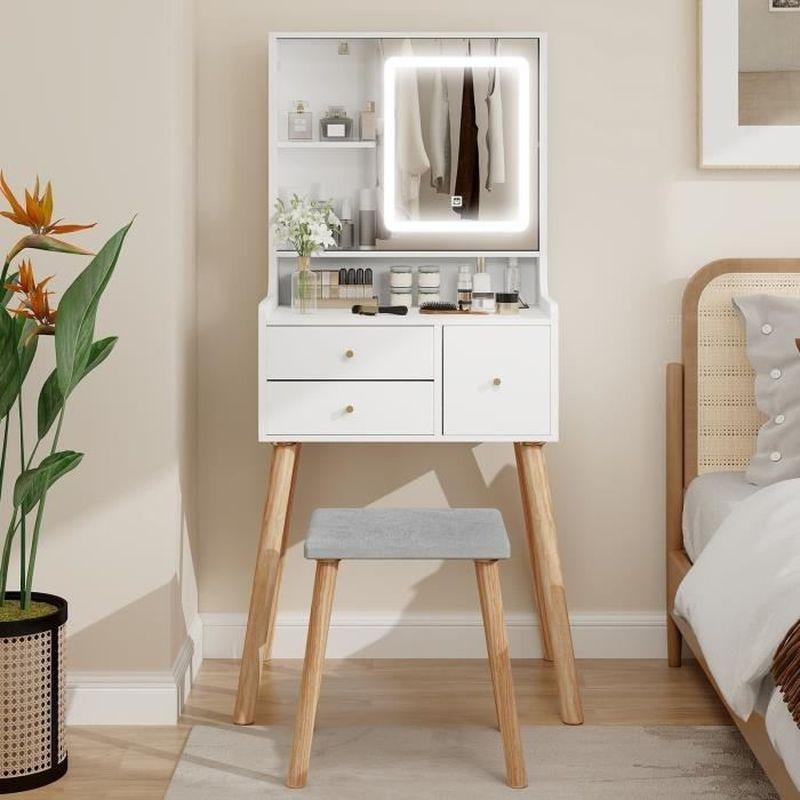 Beyaz Ahşap Ayaklı LED Işıklı Sürgülü Aynalı 3 Çekmeceli Tabureli Makyaj Masası - 122410