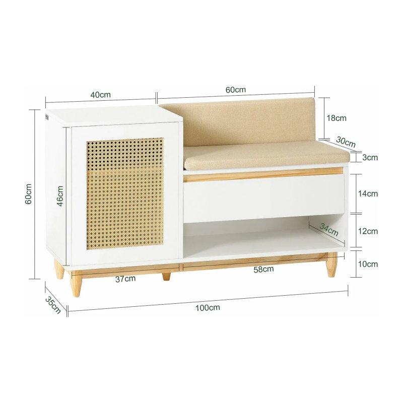 Beyaz Ahşap Ayaklı Minderli Ve Çekmeceli Hasır Detaylı Bench Ayakkabılık - 100x35x60 cm - 118327