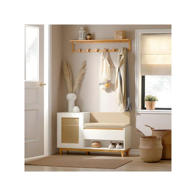 Beyaz Ahşap Ayaklı Minderli Ve Çekmeceli Hasır Detaylı Bench Ayakkabılık - 100x35x60 cm - 118327