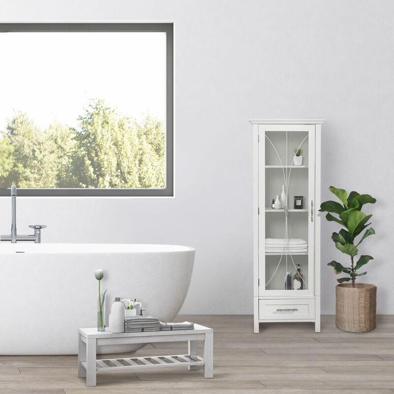 Beyaz Ahşap Ayarlanabilir Raflı Çekmeceli Banyo Dolabı-34x44x124 cm - 113558