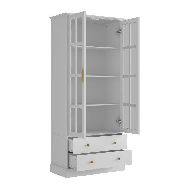 Beyaz Ahşap Cam Kapaklı ve Çekmeceli Kitaplık - 179x81 cm - 141577