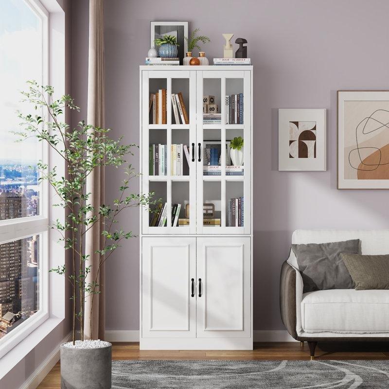 Beyaz Ahşap Cam Kapaklı ve Dolaplı 5 Raflı Kitaplık - 80x40x200 cm - 141592