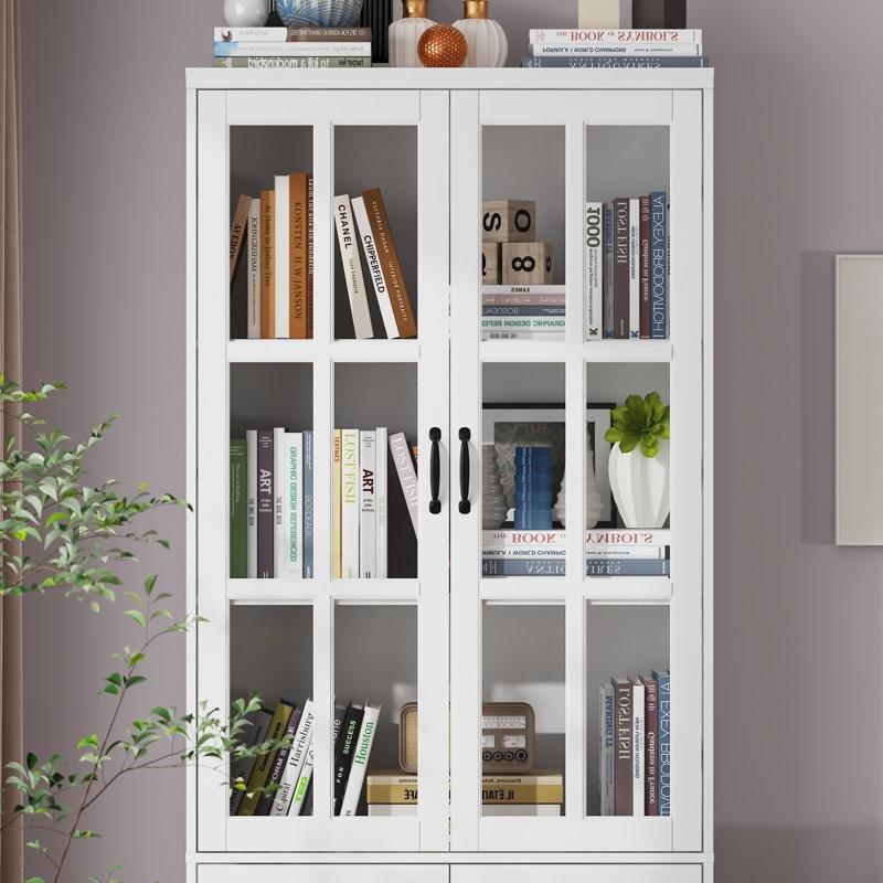 Beyaz Ahşap Cam Kapaklı ve Dolaplı 5 Raflı Kitaplık - 80x40x200 cm - 141592
