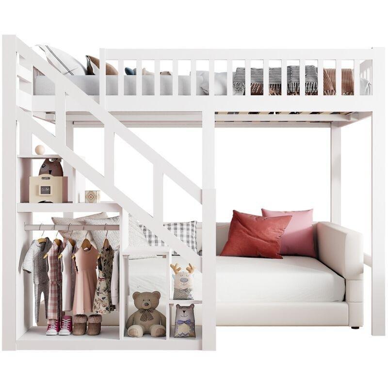 Beyaz Ahşap Depolama Merdivenli ve Askılık Bölmeli Ranza - 90x200 cm - 125156