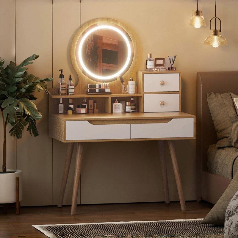 Beyaz Ahşap Detaylı 3 Renk LED Işıklı 4 Çekmeceli Raflı Modern Makyaj Masası - 80x40x128 cm - 121564