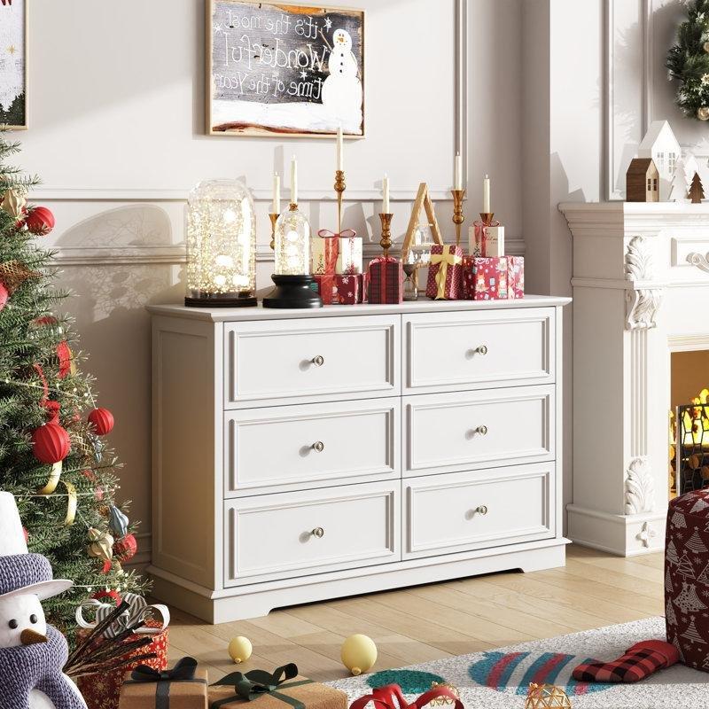 Beyaz Ahşap Dokulu 6 Çekmeceli Antik Bronz Kulplu Şifonyer - 120x85 cm - 122965