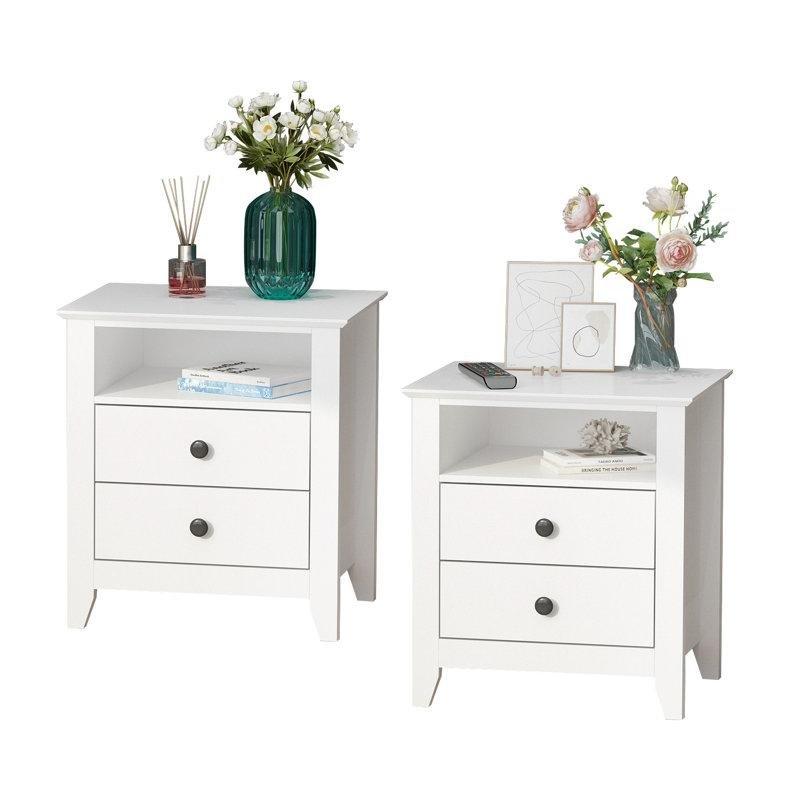Beyaz Ahşap İkili Set 2 Çekmeceli ve Açık Raflı Komodin - 51x40x56 cm - 127139
