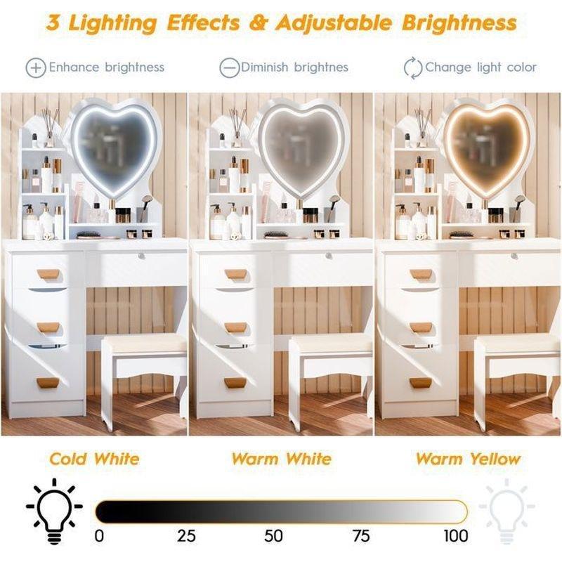 Beyaz Ahşap Kalp LED Aynalı 4 Çekmeceli Raflı Tabureli Makyaj Masası - 80x40x135 cm - 122188
