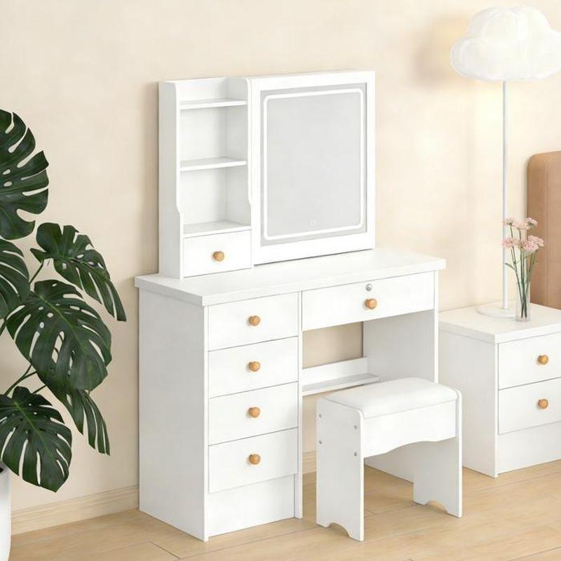 Beyaz Ahşap Kayar LED Aynalı 6 Çekmeceli Tabureli Makyaj Masası - 80x36x132 cm - 122344