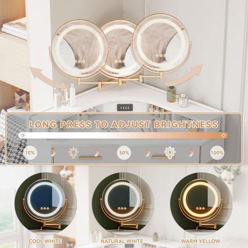 Beyaz Ahşap LED Işıklı Aynalı 5 Çekmeceli USB Portlu Köşe Makyaj Masası - 106x75x120 cm - 122095