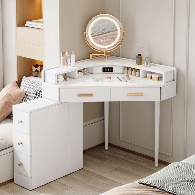 Beyaz Ahşap LED Işıklı Aynalı 5 Çekmeceli USB Portlu Köşe Makyaj Masası - 106x75x120 cm - 122095
