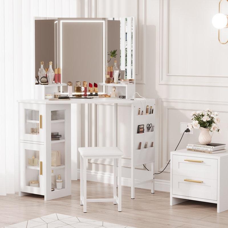 Beyaz Ahşap LED Işıklı Aynalı Şarj İstasyonlu Dolaplı Köşe Makyaj Masası - 112 cm - 121381