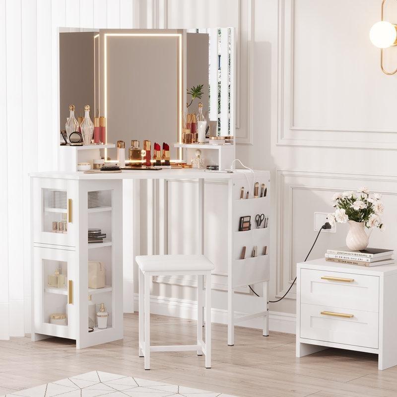 Beyaz Ahşap LED Işıklı Aynalı Şarj İstasyonlu Dolaplı Köşe Makyaj Masası - 112 cm - 121381