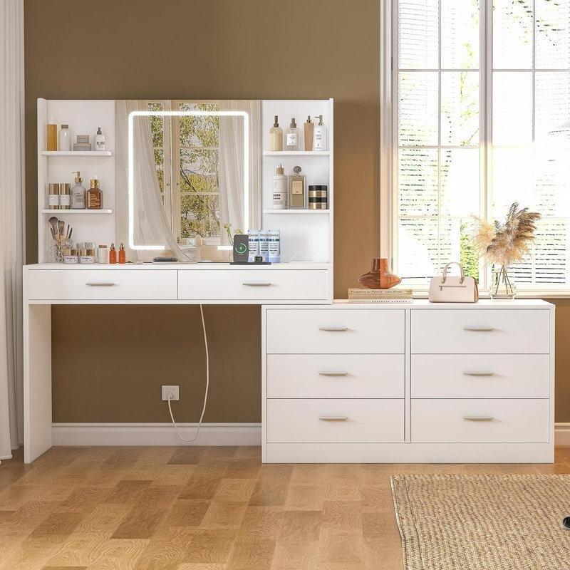 Beyaz Ahşap LED Işıklı Şifonyerli ve Prizli Köşe Makyaj Masası - 100 cm - 121387