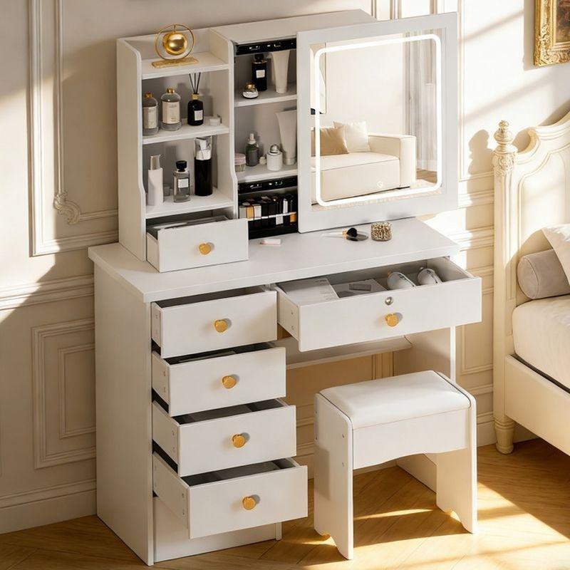 Beyaz Ahşap LED Işıklı Sürgülü Aynalı ve 6 Çekmeceli Tabureli Makyaj Masası - 80x36x132 cm - 122359