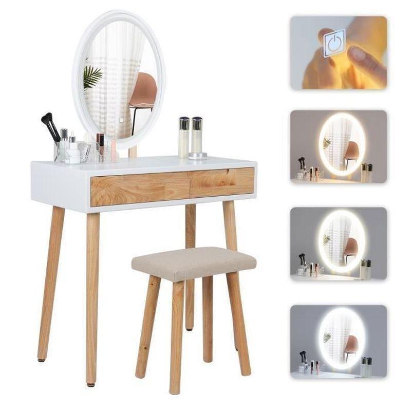 Beyaz Ahşap MDF LED Işıklı Oval Aynalı 2 Çekmeceli Makyaj Masası - 70x34x138 cm - 122263