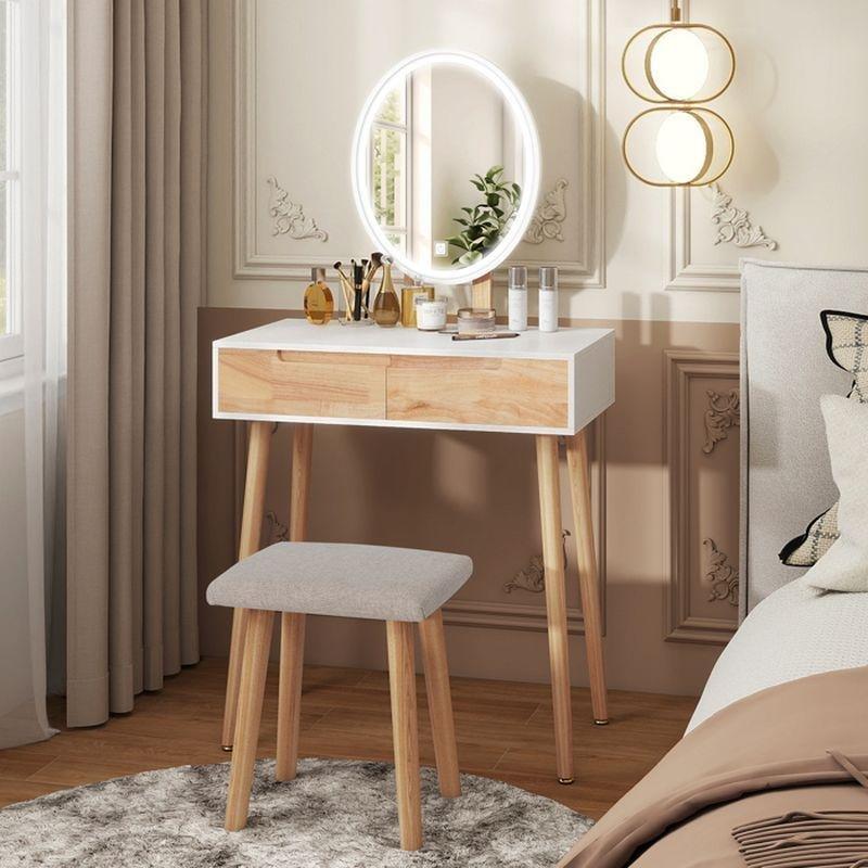 Beyaz Ahşap MDF LED Işıklı Oval Aynalı 2 Çekmeceli Makyaj Masası - 70x34x138 cm - 122263