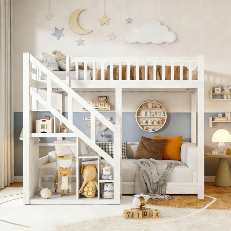 Beyaz Ahşap Merdivenli ve Depolama Alanlı Altı Boş Ranza - 90x200 cm - 124807