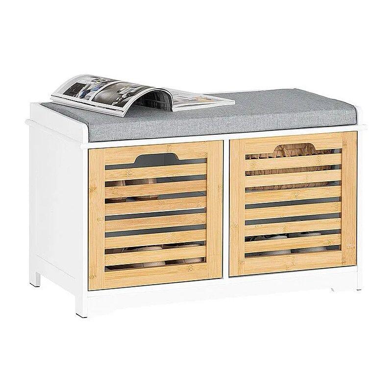 Beyaz Ahşap Minderli 2 Kapaklı Oturaklı Ayakkabılık - 71x35x43 cm - 118300