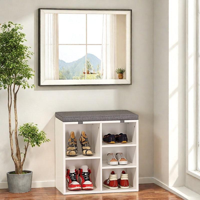 Beyaz Ahşap Minderli Ayarlanabilir Raflı Ayakkabılık Bench - 51x30x53 cm - 120598