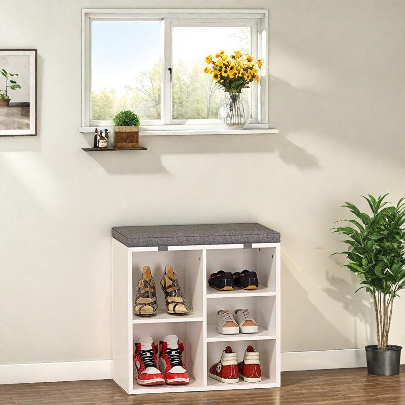 Beyaz Ahşap Minderli Ayarlanabilir Raflı Ayakkabılık Bench - 51x30x53 cm - 120598